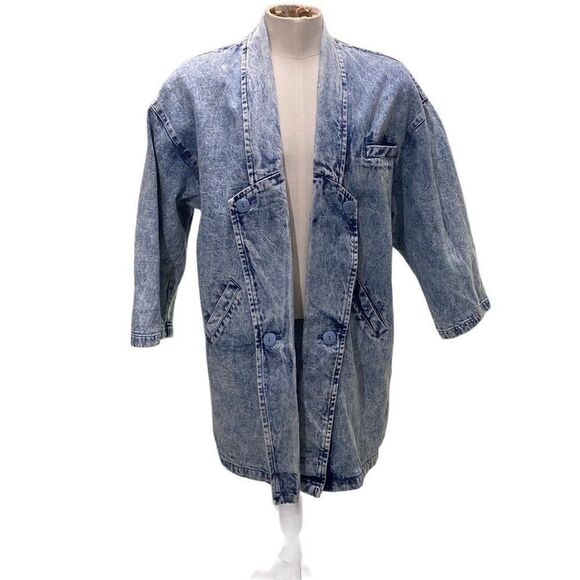 Vintage 80s Learsi Int Oversized Womens Midi Blue Jean Coat Acid Wash Sz Small - Picture 1 of 8